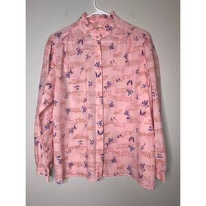 1960s Ruggeri Petal Pink Blue Floral Oriental Feminine Coquette Ruffle Shirt XL